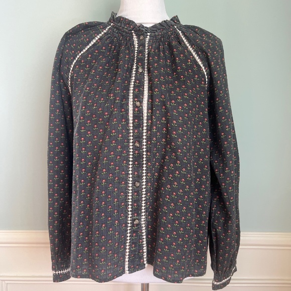 Sezane Tops - Sezane Black Cotton Floral Blouse, Button Down, Size 44/US 12